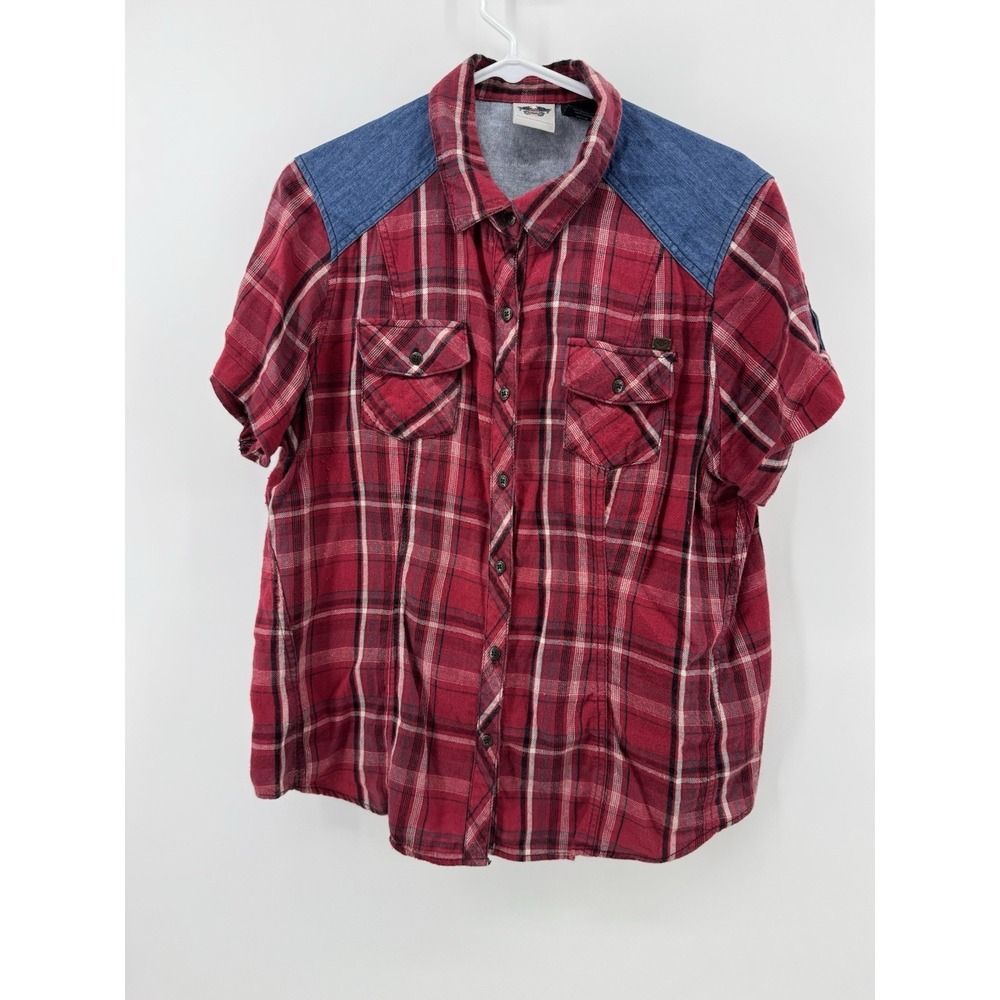 Harley-Davidson woman's  Red Blue Plaid Cotton Short Sleeve Button-Up Shirt L